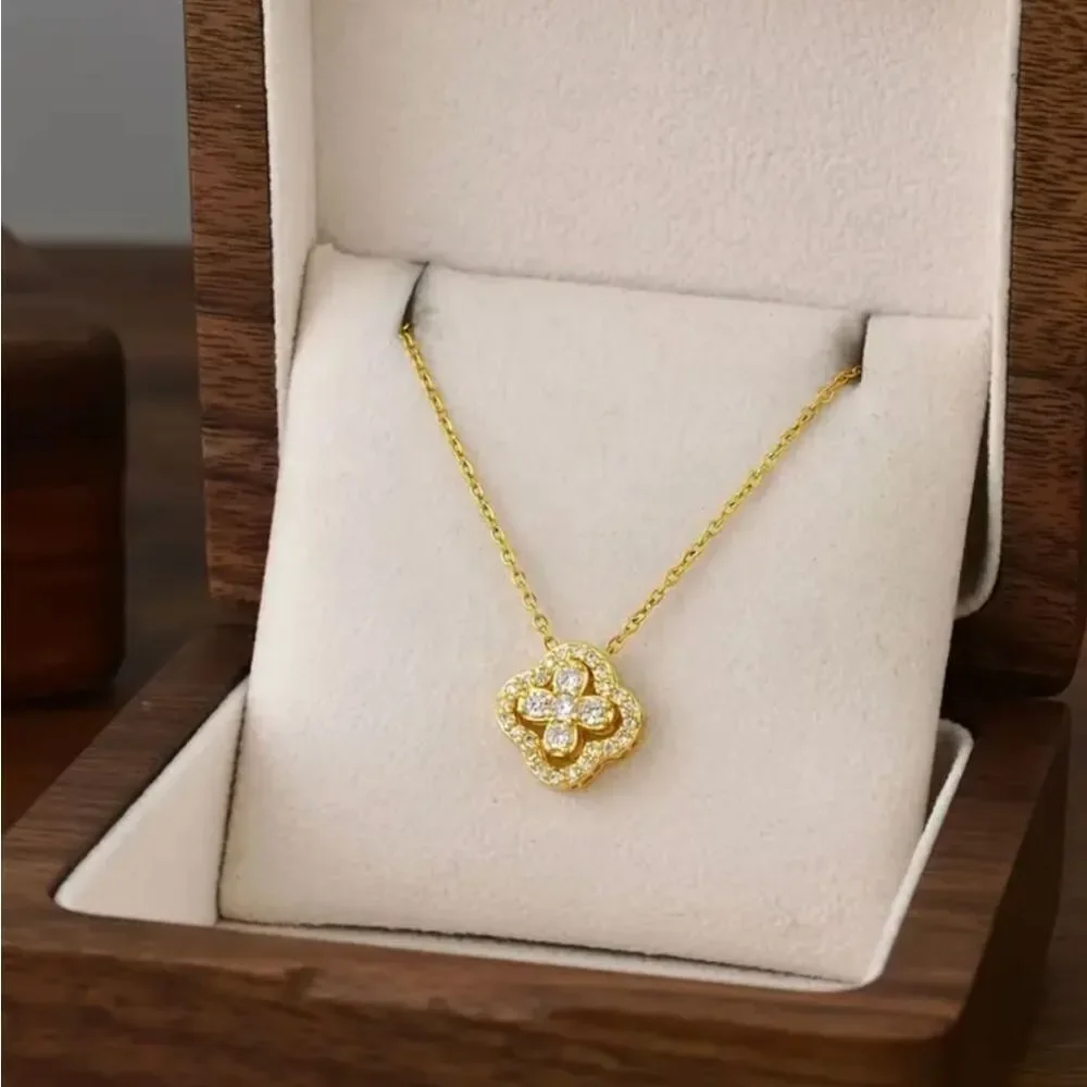 18k Gold Plated Diamond Clover Necklace